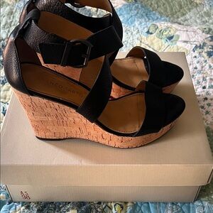 Franco Sarto Black Leather Cork Platform Wedges
